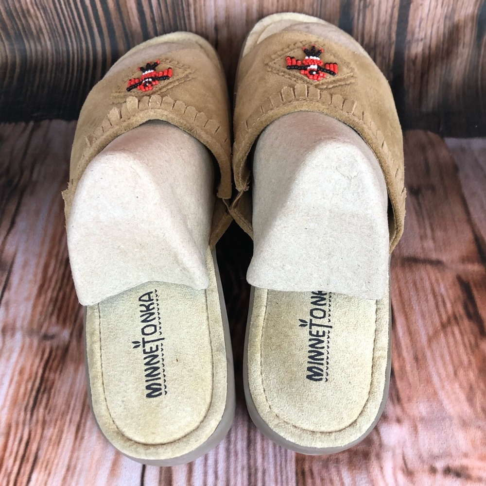 Minnetonka Brown Suede Leather Fringe Beaded Sandals Slides - Picture 6 of 12